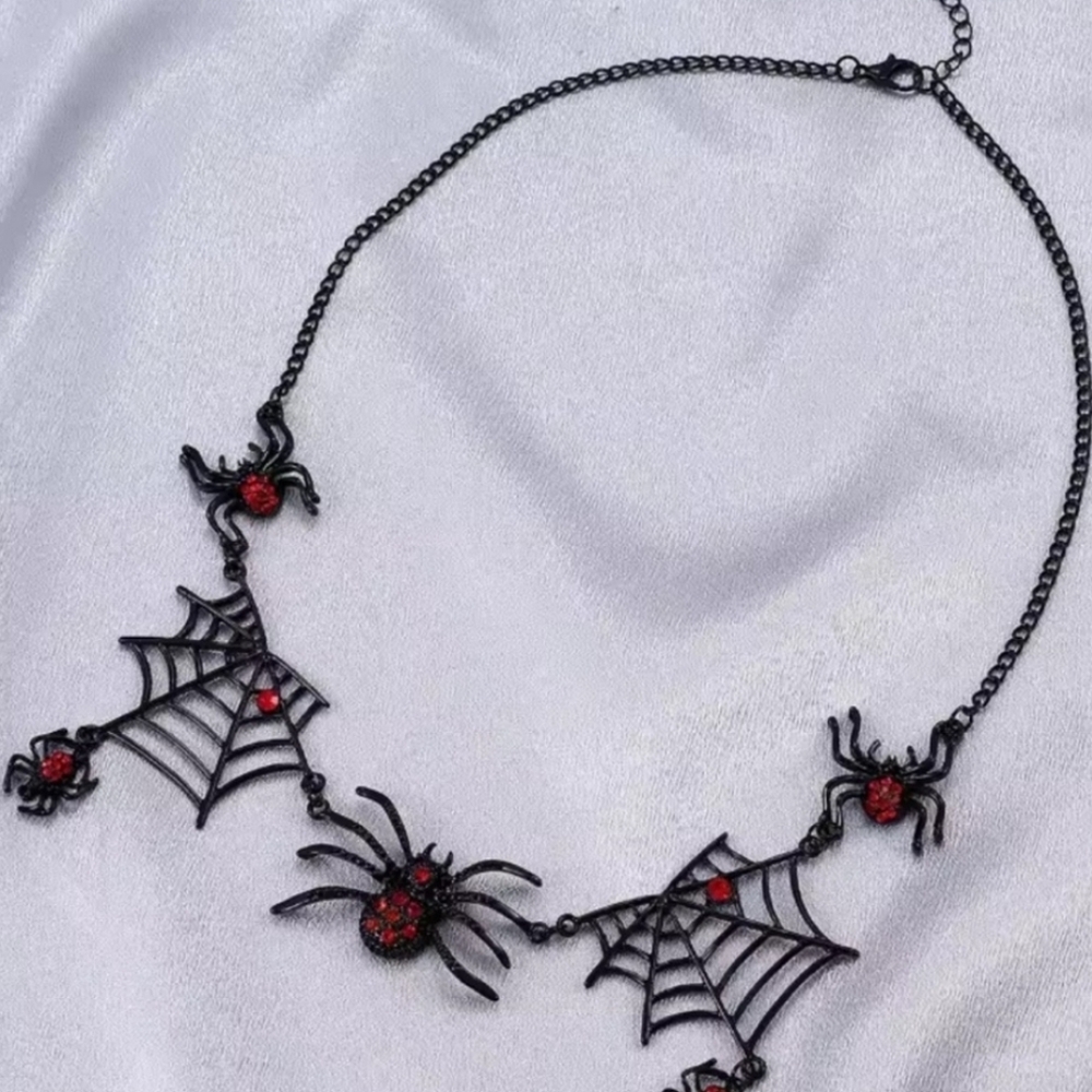 Halloween Party Black and Red Spider Web Necklace - Picture 3 of 6